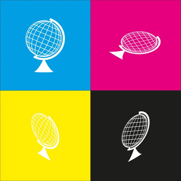 Señal de globo terrestre. Vector. Icono blanco con proyecciones isométricas sobre fondos cian, magenta, amarillo y negro . — Archivo Imágenes Vectoriales