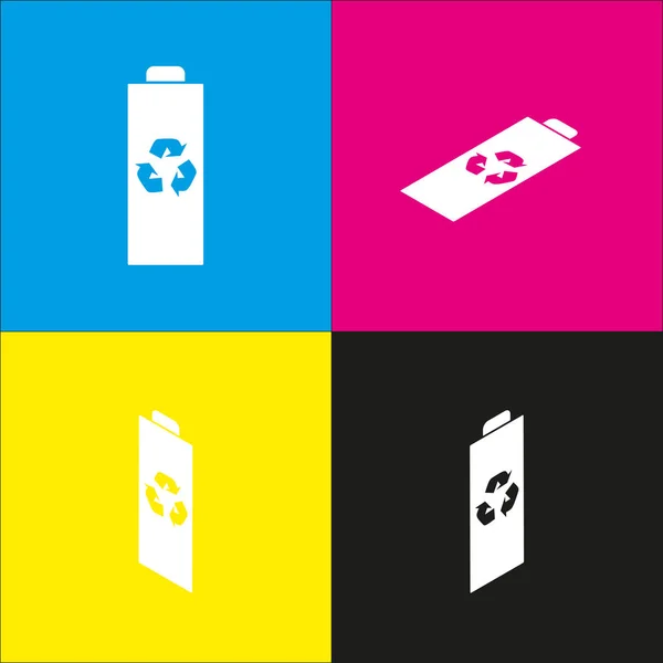 Ilustración de signo de reciclaje de batería. Vector. Icono blanco con proyecciones isométricas sobre fondos cian, magenta, amarillo y negro . — Vector de stock