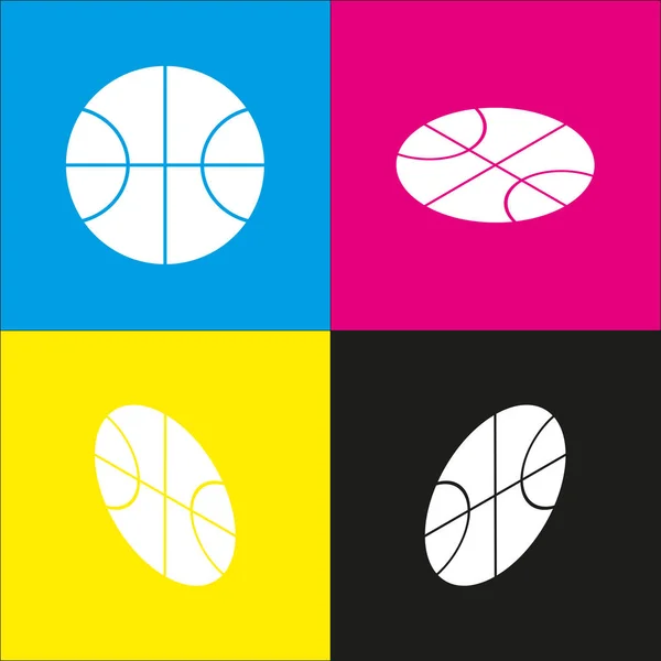 Ilustración de la bola de baloncesto. Vector. Icono blanco con proyecciones isométricas sobre fondos cian, magenta, amarillo y negro . — Vector de stock