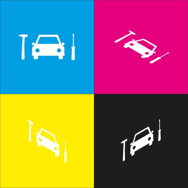 Car tire repair service sign. Vector. White icon with isometric projections on cyan, magenta, yellow and black backgrounds. — Stock Vector