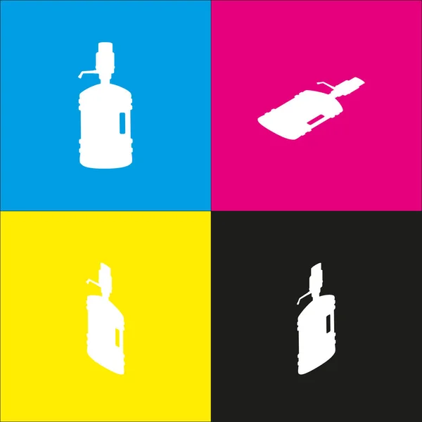 Plastic bottle silhouette with water and siphon. Vector. White icon with isometric projections on cyan, magenta, yellow and black backgrounds. — Stock Vector