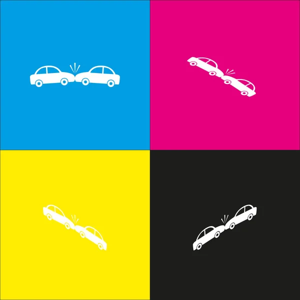 Panneau des voitures écrasées. Vecteur. Icône blanche avec saillies isométriques sur fond cyan, magenta, jaune et noir . — Image vectorielle