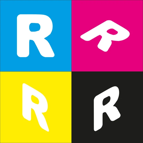 Letter R teken ontwerpen element sjabloon. Vector. Witte icoon met isometrische projecties op cyaan, magenta, gele en zwarte achtergronden. — Stockvector