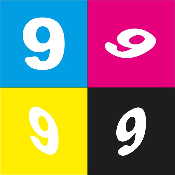 Numero 9 segno elemento modello di design. Vettore. Icona bianca con proiezioni isometriche su sfondo ciano, magenta, giallo e nero . — Vettoriale Stock