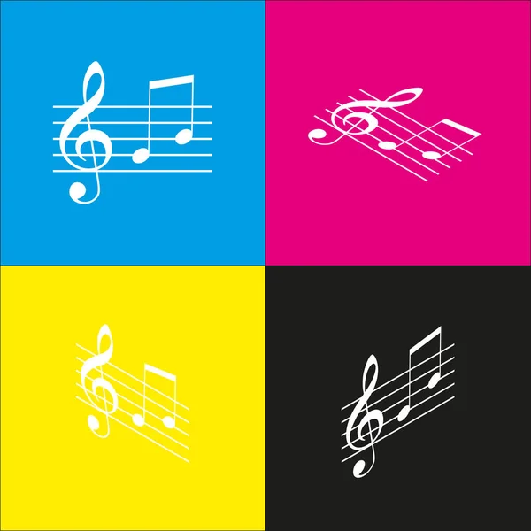 Music violin clef sign. G-clef and notes G, H. Vector. White icon with isometric projections on cyan, magenta, yellow and black backgrounds. — Stock Vector