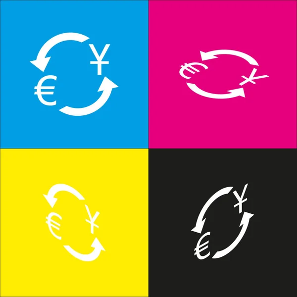 Signo de cambio de divisas. Dólar y euro. Vector. Icono blanco con proyecciones isométricas sobre fondos cian, magenta, amarillo y negro . — Vector de stock