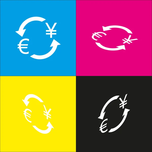 Signo de cambio de divisas. Euro y Japón Yen. Vector. Icono blanco con proyecciones isométricas sobre fondos cian, magenta, amarillo y negro . — Vector de stock