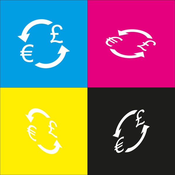 Знак обмена валюты. Евро и британский фунт. Вектор. Белый значок с изометрическими проекциями на голубом, пурпурном, желтом и черном фоне
.