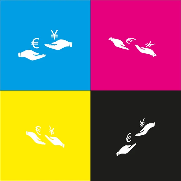 Cambio de moneda de mano en mano. Euro y yen. Vector. Icono blanco con proyecciones isométricas sobre fondos cian, magenta, amarillo y negro . — Vector de stock