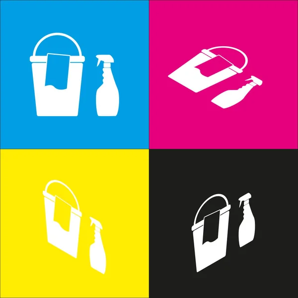 Bucket and a rag with Household chemical bottles. Vector. White icon with isometric projections on cyan, magenta, yellow and black backgrounds. — Stock Vector
