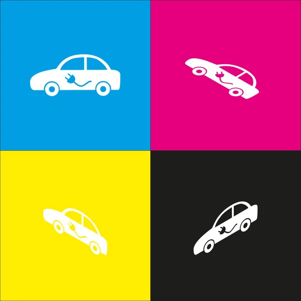 Electric car sign. Vector. White icon with isometric projections on cyan, magenta, yellow and black backgrounds. — Stock Vector