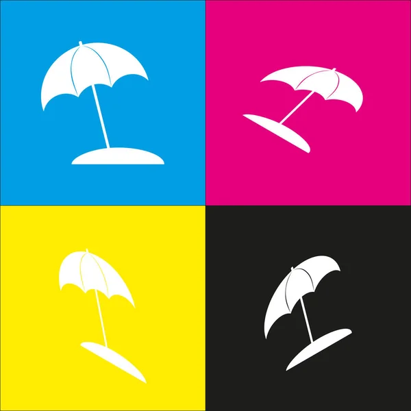 Umbrella and sun lounger sign. Vector. White icon with isometric projections on cyan, magenta, yellow and black backgrounds. — Stock Vector