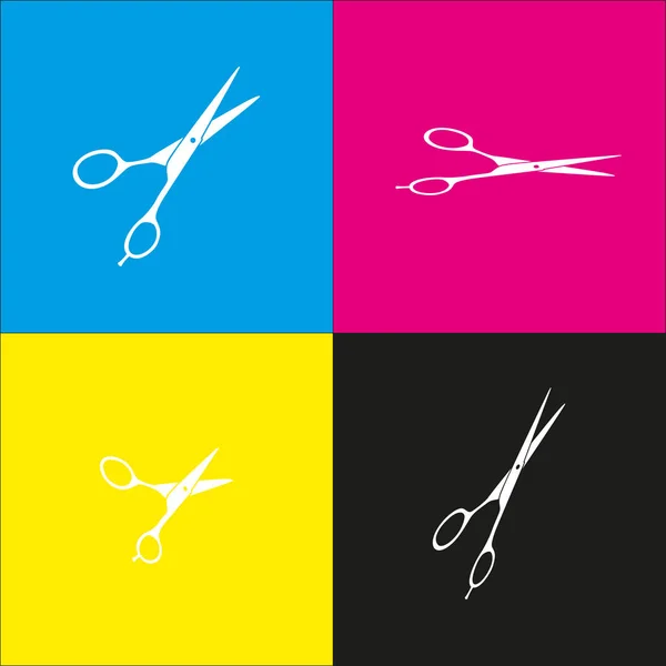 Señal de tijeras para cortar el pelo. Vector. Icono blanco con proyecciones isométricas sobre fondos cian, magenta, amarillo y negro . — Archivo Imágenes Vectoriales