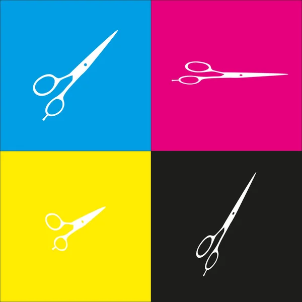 Ножиці для стрижки волосся знак. Вектор. Біла ікона з ізометричними проекціями на блакитному, пурпуровому, жовтому і чорному тлі . — стоковий вектор