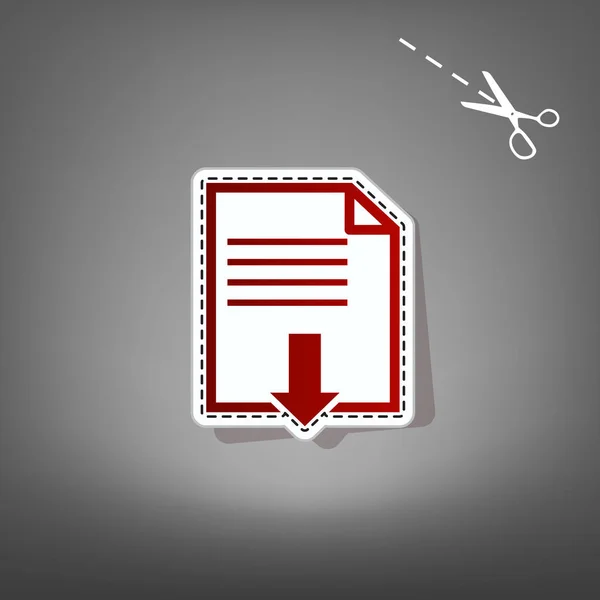 Signe de téléchargement de fichier. Vecteur. Icône rouge avec pour appliquer du papier avec ombre sur fond gris avec ciseaux . — Image vectorielle