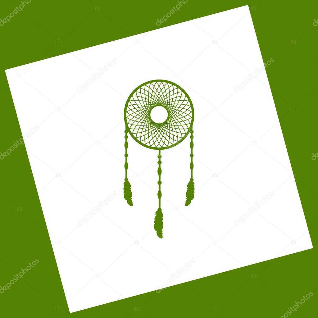 Dream catcher sign. Vector. White icon obtained as a result of subtraction rotated square and path. Avocado background.