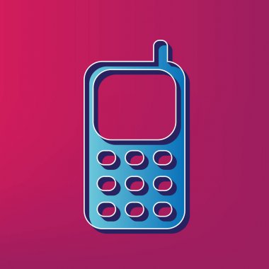 Cep telefonu işareti. Vektör. Kırmızı zemin üzerine mavi 3d yazdırılan simgesi.