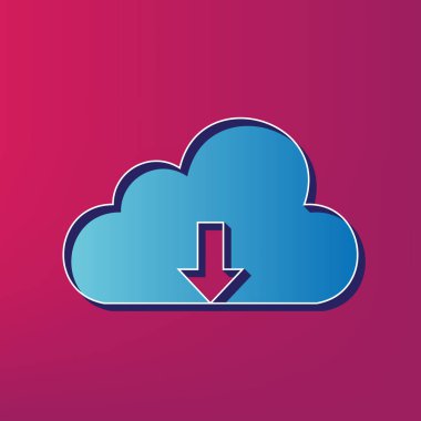 Bulut teknoloji işareti. Vektör. Kırmızı zemin üzerine mavi 3d yazdırılan simgesi.