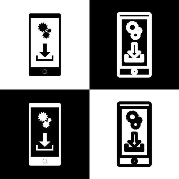 Configuración del teléfono. Descargar e instalar aplicaciones. Vector. Iconos en blanco y negro e icono de línea en tablero de ajedrez . — Vector de stock