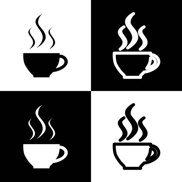 Cup sign with three small streams of smoke. Vector. Black and white icons and line icon on chess board. — Stock Vector