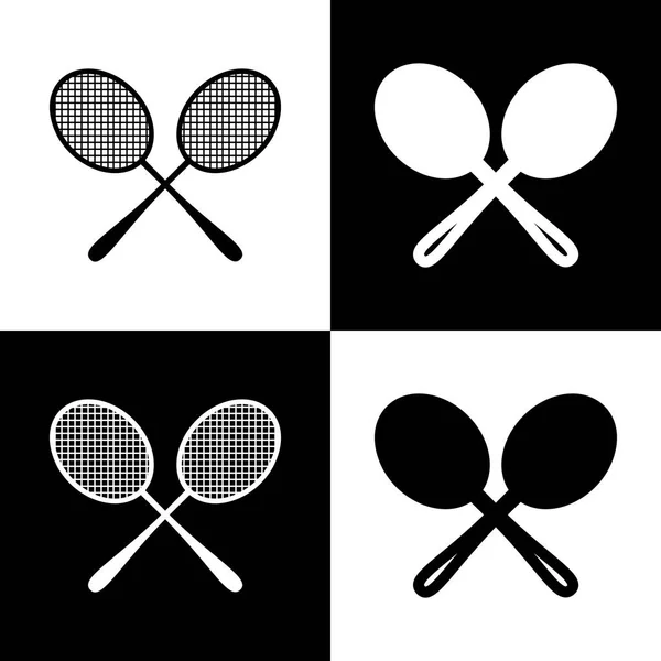 Tennisschläger unterschreiben. Vektor. Schwarz-weiße Symbole und Linien-Symbole auf dem Schachbrett. — Stockvektor