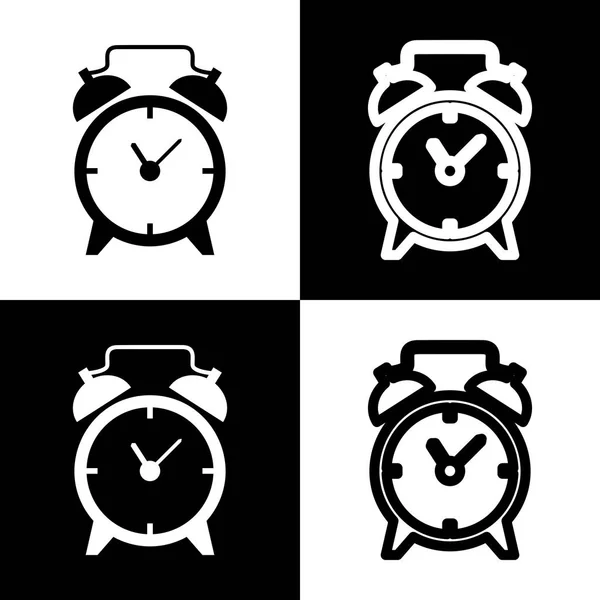 Señal de despertador. Vector. Iconos en blanco y negro e icono de línea en tablero de ajedrez . — Vector de stock