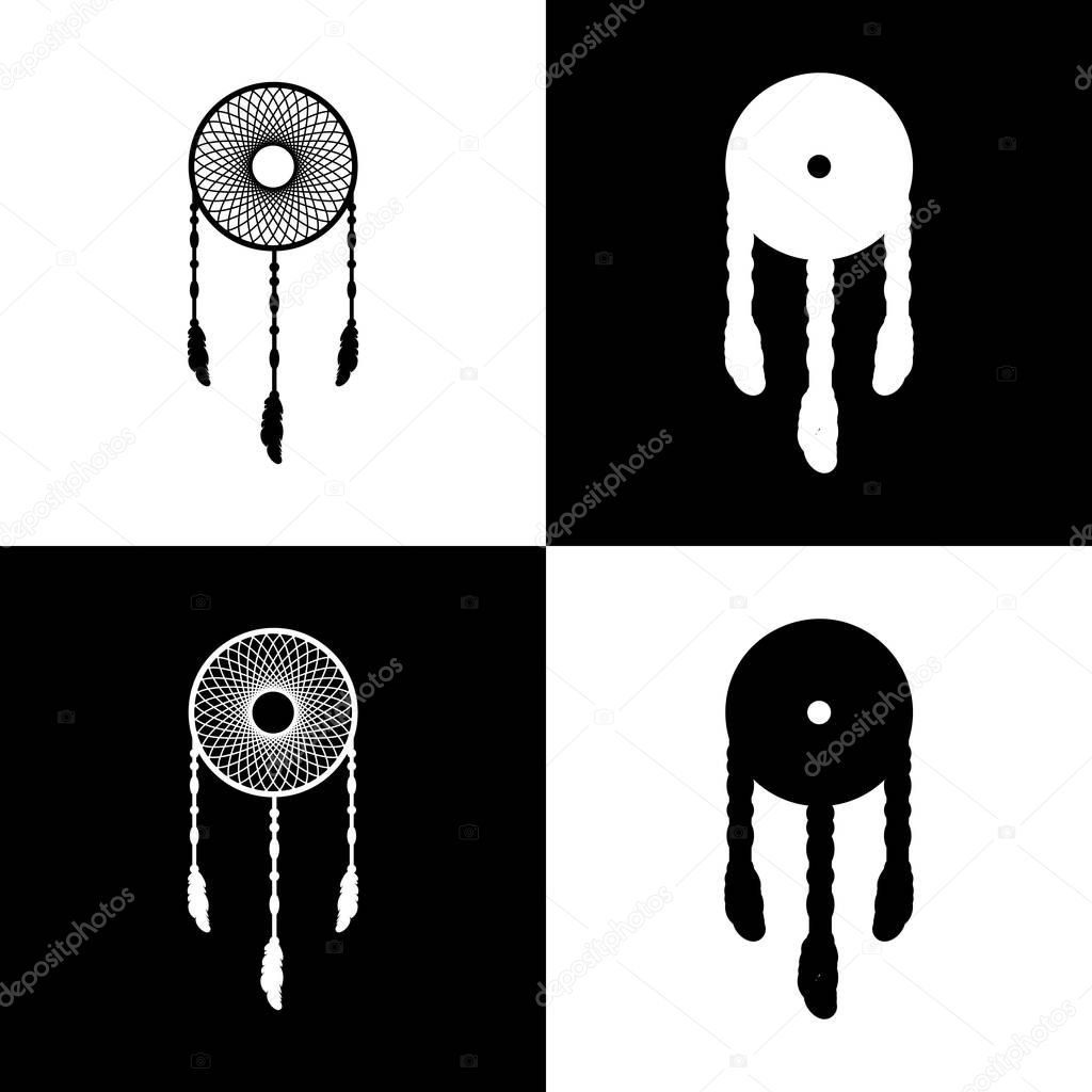 Dream catcher sign. Vector. Black and white icons and line icon on chess board.