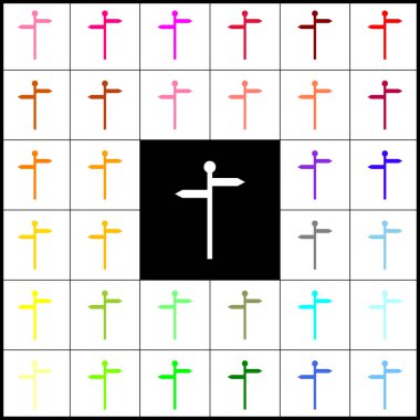 Yön yol işareti. Vektör. Keçe-kalem 33 beyaz ve siyah arka planlar, renkli simgeler. Derma.