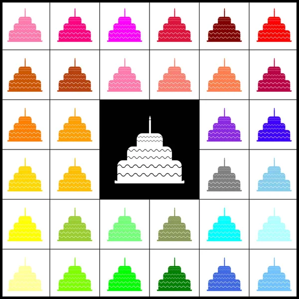 Gâteau avec panneau de bougie. Vecteur. Feutre-stylo 33 icônes colorées sur fond blanc et noir. Coloré . — Image vectorielle