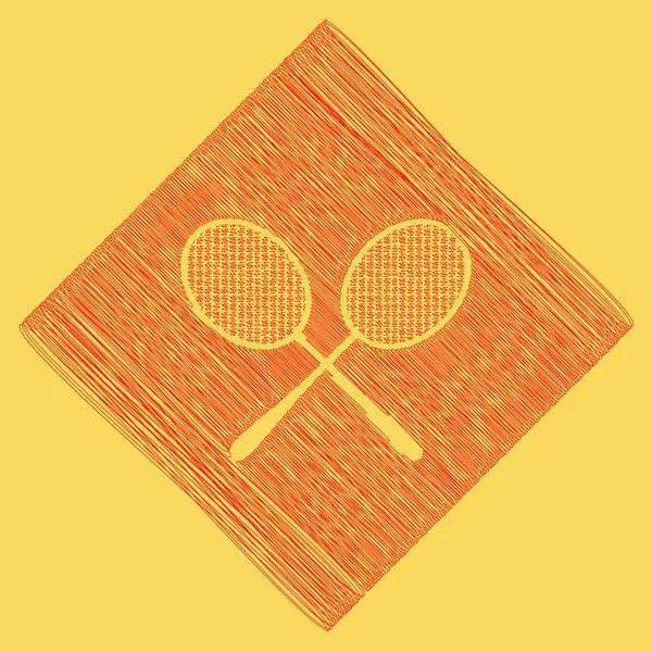 Zwei Schilder mit Tennisschlägern. Vektor. rotes Kritzelsymbol, das als Ergebnis der Subtraktion Raute und Pfad erhalten wurde. königsgelber Hintergrund. — Stockvektor