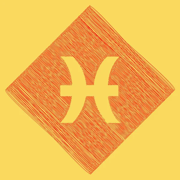Vissen Meld u illustratie. Vector. Rode Krabbel pictogram verkregen als gevolg van aftrekken rhomb en pad. Koninklijke gele achtergrond. — Stockvector