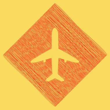 Uçak işareti illüstrasyon. Vektör. Çıkarma rhomb ve yol sonucunda elde edilen kırmızı karalama simgesi. Kraliyet sarı arka plan.