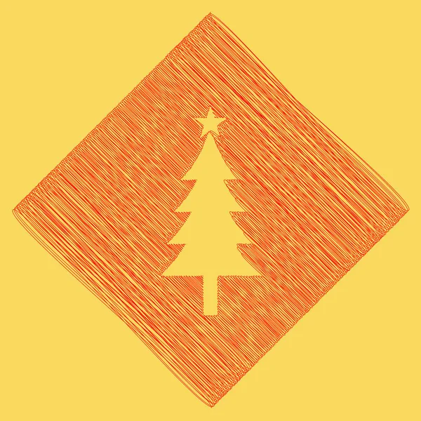 Nieuwe jaar boom teken. Vector. Rode Krabbel pictogram verkregen als gevolg van aftrekken rhomb en pad. Koninklijke gele achtergrond. — Stockvector