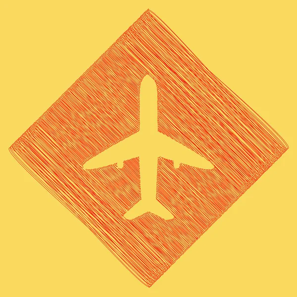 Εικονογράφηση σημάδι αεροπλάνου. Διάνυσμα. Σκαρίφημα κόκκινο εικονίδιο που λαμβάνονται ως αποτέλεσμα της αφαίρεση ρόμβο και διαδρομή. Βασιλικό κίτρινο φόντο. — Διανυσματικό Αρχείο