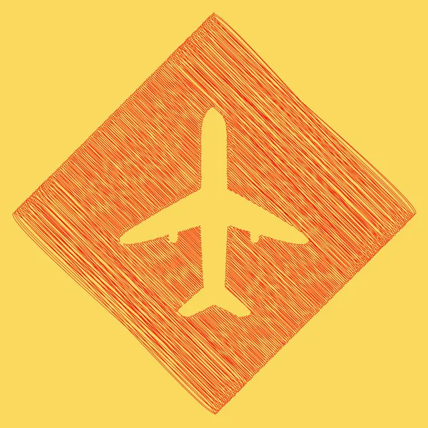 Ilustração do sinal do avião. Vector. Ícone vermelho de rabiscos obtido como resultado do losango de subtração e do caminho. Fundo amarelo real . — Vetor de Stock