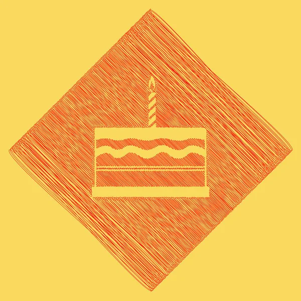 Birthday cake sign. Vector. Red scribble icon obtained as a result of subtraction rhomb and path. Royal yellow background. — Stock Vector