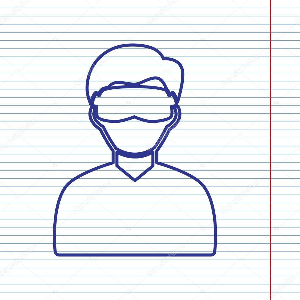 Man with sleeping mask sign. Vector. Navy line icon on notebook paper as background with red line for field.