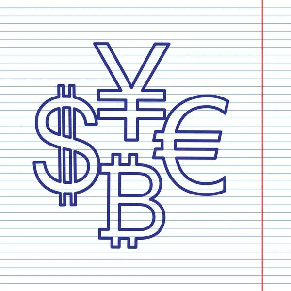 Monnaie signe collection dollar, euro, bitcoin, yen. Vecteur. Icône de ligne marine sur papier pour ordinateur portable comme fond avec ligne rouge pour le champ . — Image vectorielle