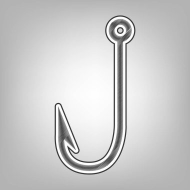 Balıkçılık kanca işareti illüstrasyon. Vektör. Kalem kroki taklidi. Arka planı gri, koyu gri dış kontur koyu gri karalama simgesiyle.