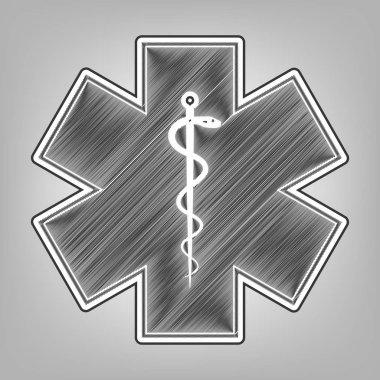 Acil durum veya Star of Life'nın tıbbi sembolü kenarlıklı. Vektör. Kalem kroki taklidi. Arka planı gri, koyu gri dış kontur koyu gri karalama simgesiyle.