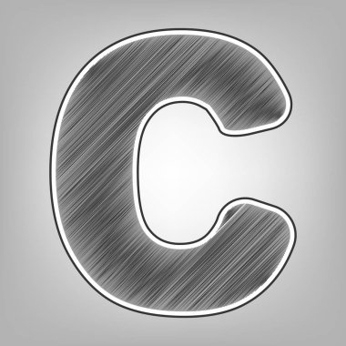 Harf C işareti şablon öğesi tasarım. Vektör. Kalem kroki taklidi. Arka planı gri, koyu gri dış kontur koyu gri karalama simgesiyle.