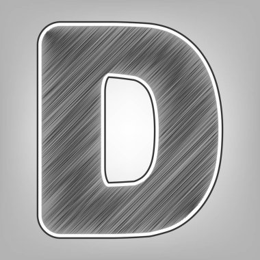 D harfi işareti şablon öğesi tasarım. Vektör. Kalem kroki taklidi. Arka planı gri, koyu gri dış kontur koyu gri karalama simgesiyle.