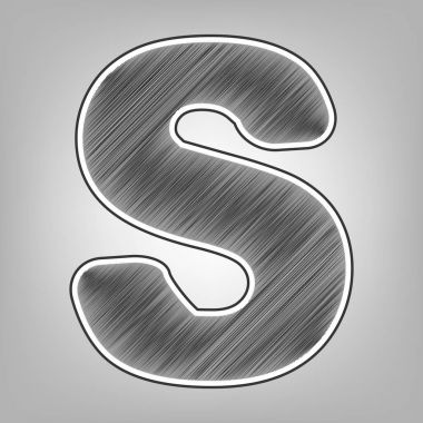 S harfi işareti şablon öğesi tasarım. Vektör. Kalem kroki taklidi. Arka planı gri, koyu gri dış kontur koyu gri karalama simgesiyle.