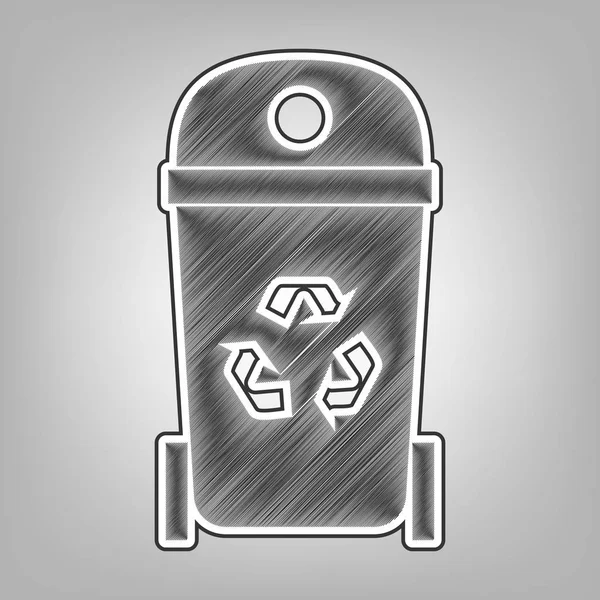 Trashcan tanda ilustrasi. Vektor. Pensil sketsa imitasi. Ikon gravir abu-abu gelap dengan kontur luar abu-abu gelap pada latar belakang abu-abu . - Stok Vektor