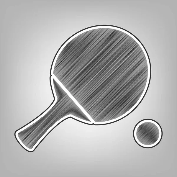 Tischtennispaddel mit Ball. Vektor. Bleistiftzeichnung imitiert. dunkelgraues Kritzelsymbol mit dunkelgrauer Außenkontur auf grauem Hintergrund. — Stockvektor