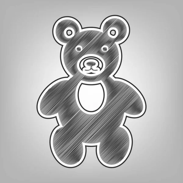 Teddy bear logga illustration. Vektor. Blyerts skiss imitation. Mörk grå scribble ikonen med mörk grå yttre kontur på grå bakgrund. — Stock vektor