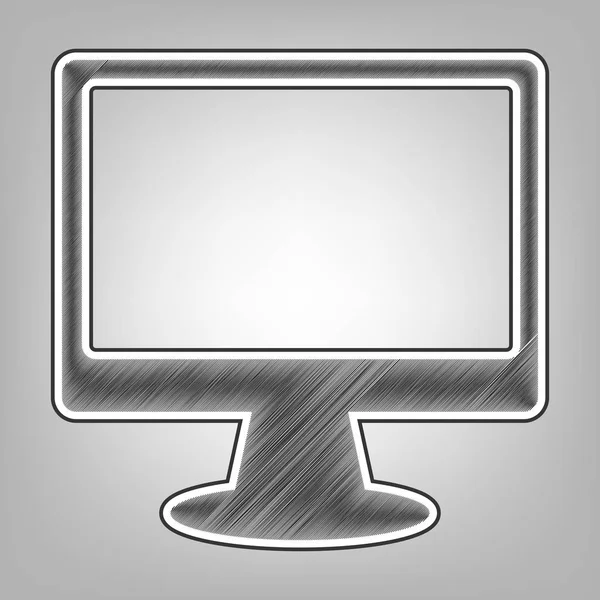 Monitor con signo de pincel. Vector. Imitación de bocetos a lápiz. Icono de garabato gris oscuro con contorno exterior gris oscuro en fondo gris . — Vector de stock