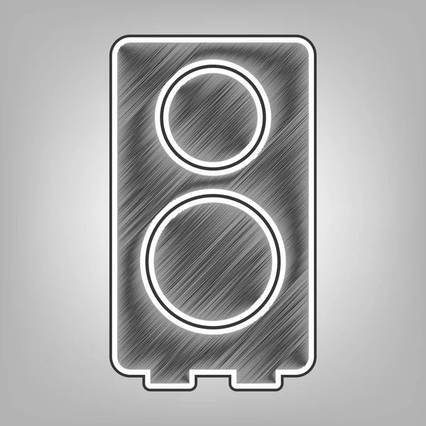 Speaker sign illustratie. Vector. Potlood schets imitatie. Donker grijze Krabbel pictogram met donkere grijze buitenomtrek op grijze achtergrond. — Stockvector