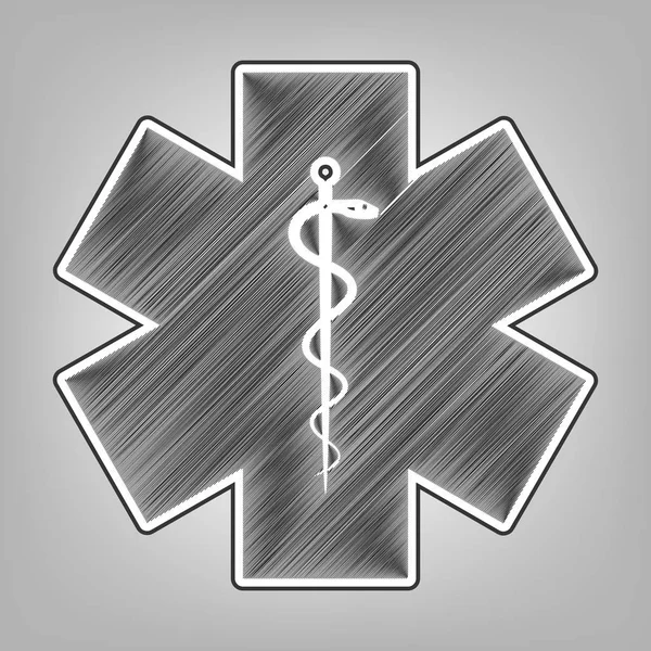 Medical symbol of the Emergency or Star of Life. Vector. Pencil sketch imitation. Dark gray scribble icon with dark gray outer contour at gray background. — Stock Vector