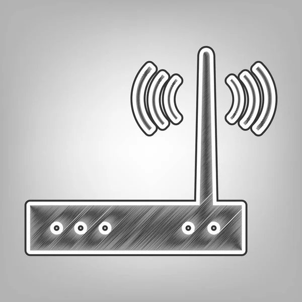 Wifi-Modem-Zeichen. Vektor. Bleistiftzeichnung imitiert. dunkelgraues Kritzelsymbol mit dunkelgrauer Außenkontur auf grauem Hintergrund. — Stockvektor